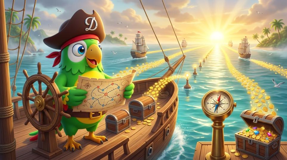 Captain navigating projected payout routes with three differently sized treasure chests, golden income streams, and a compass pointing toward the projected destination.