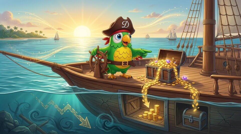 A pirate parrot captain steers a ship at sunrise, balancing reinvested distributions with protected cash while hidden underwater risks lurk below.