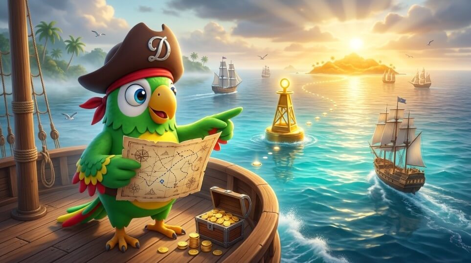 Captain Parrot navigates toward a glowing cutoff marker, with a treasure chest and golden route ahead symbolizing tracking distributions and anticipating the next payout.