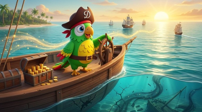 A pirate parrot captain steers a wooden ship through calm Caribbean waters, symbolizing disciplined high yield investing, steady income, and protecting capital.