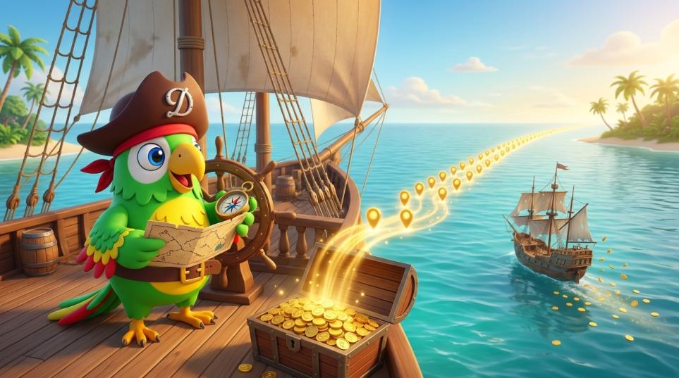 Captain at the helm with glowing weekly payout markers stretching toward the horizon, a growing treasure chest symbolizing compounding, and a fading ship representing NAV decay.